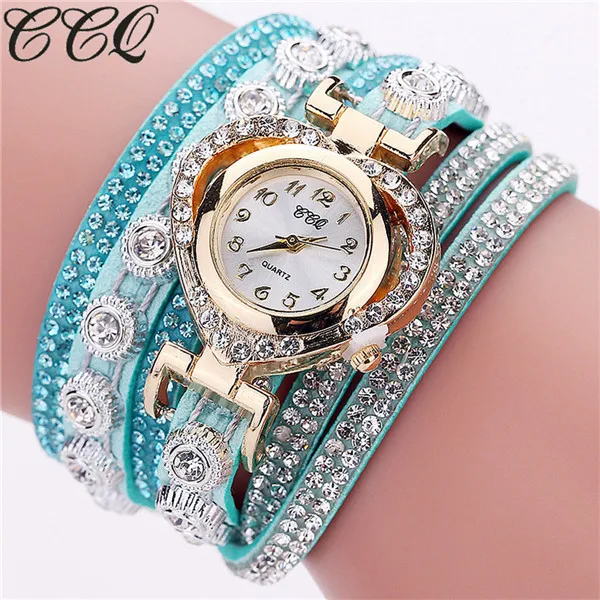 Ярко розовый CCQ роскошный кристалл Винтаж бренд браслет Кварцевые часы аналог наручные часы, украшенные кристаллами Дамы девочки часы OC0
