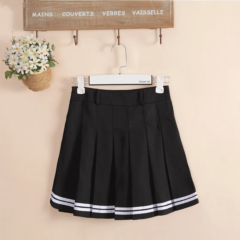 

Japan fashion Preppy Style Black Skirts Hem with White Striped Women Girls School Uniform Student Skirts Short Pleated Skirt