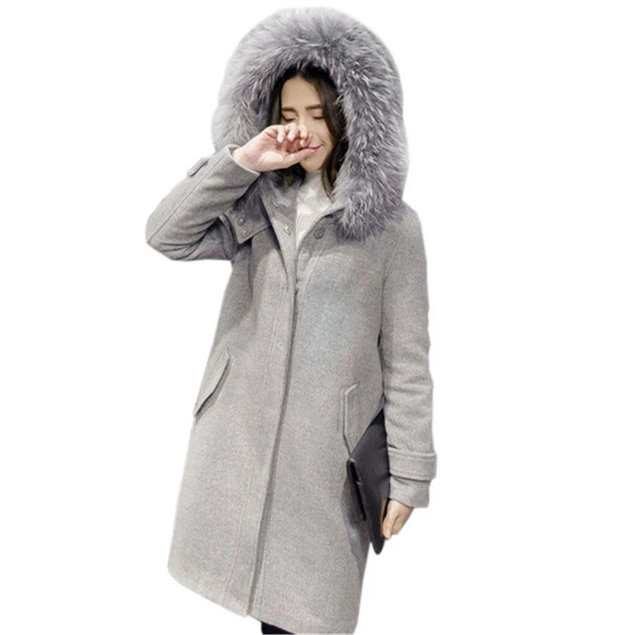 Grey wool coat with fur hood Clearance