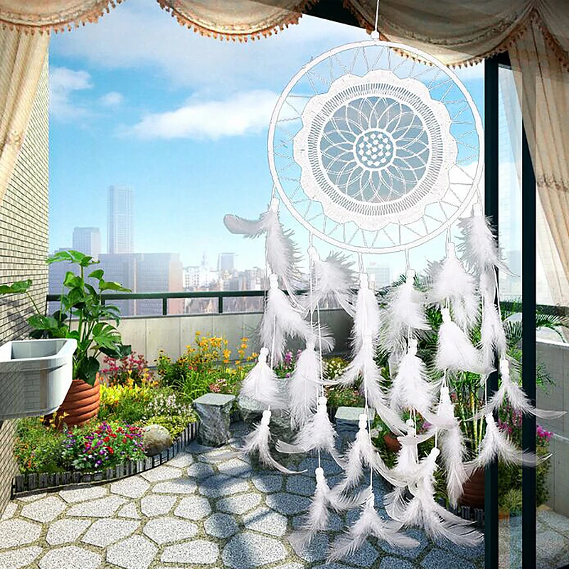 

Hot Sale 1Piece White Lace Flower Dreamcatcher Wind Chimes Indian Style Feather Pendant Dream Catcher Home Hanging Decoration