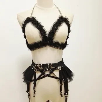 

Women sexy Punk harness Goth Handmade Leather Lace Body Bondage Cage choker necklace Sexy lace Bra Waist Belt cross garter