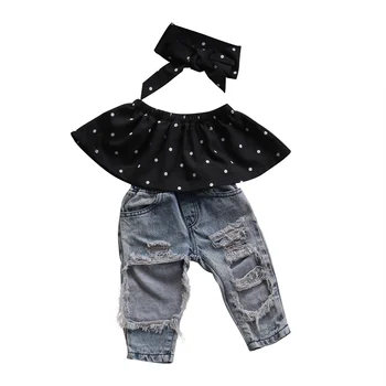 

Fashion Children Broken Hole Clothing Sets Toddler Baby Girls Black Blouse Top Hole Casual Denim Pants Outfits Set