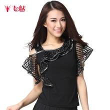 Женская квадратная Одежда для танцев, Кристальный хлопковый топ для латинских танцев, топы для танца живота, на одно плечо, ярче пряжа, топ с короткими рукавами