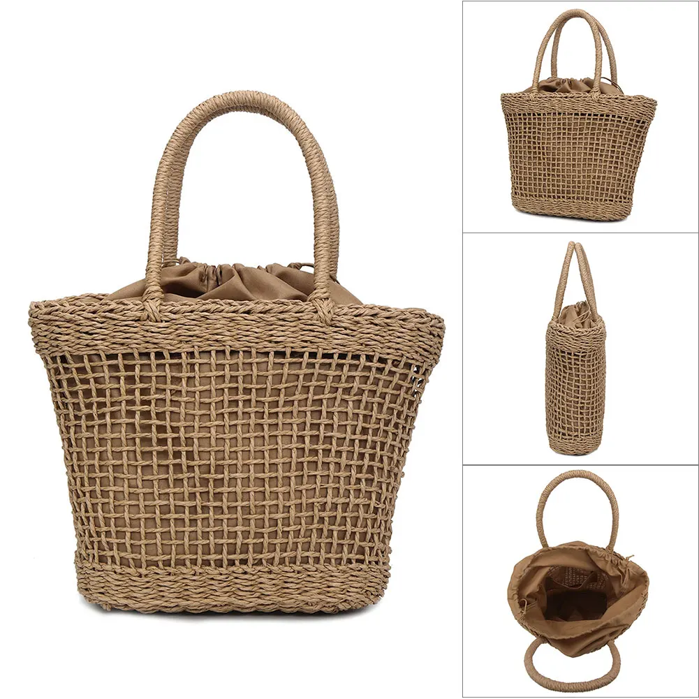 

Women Hollow Retro Handbag Straw Woven Tote Large Capacity Summer Beach Shoulder Bag Party Shopping Popular