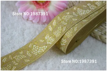 

7yards/lots Woven Jacquard Ribbon 3.4-3.7cm yellow gold flowers pattern LS-4509