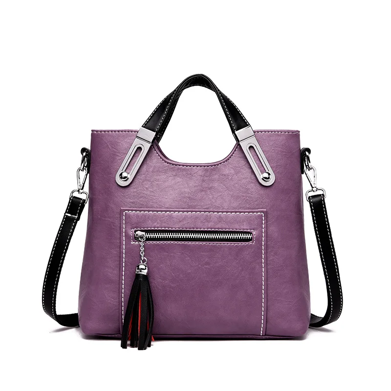 Женская сумка на молнии, Женская Полосатая кожаная сумка на плечо, одноцветная высококачественная повседневная Сумочка, роскошная Брендовая женская сумка, дизайнерская - Цвет: Purple