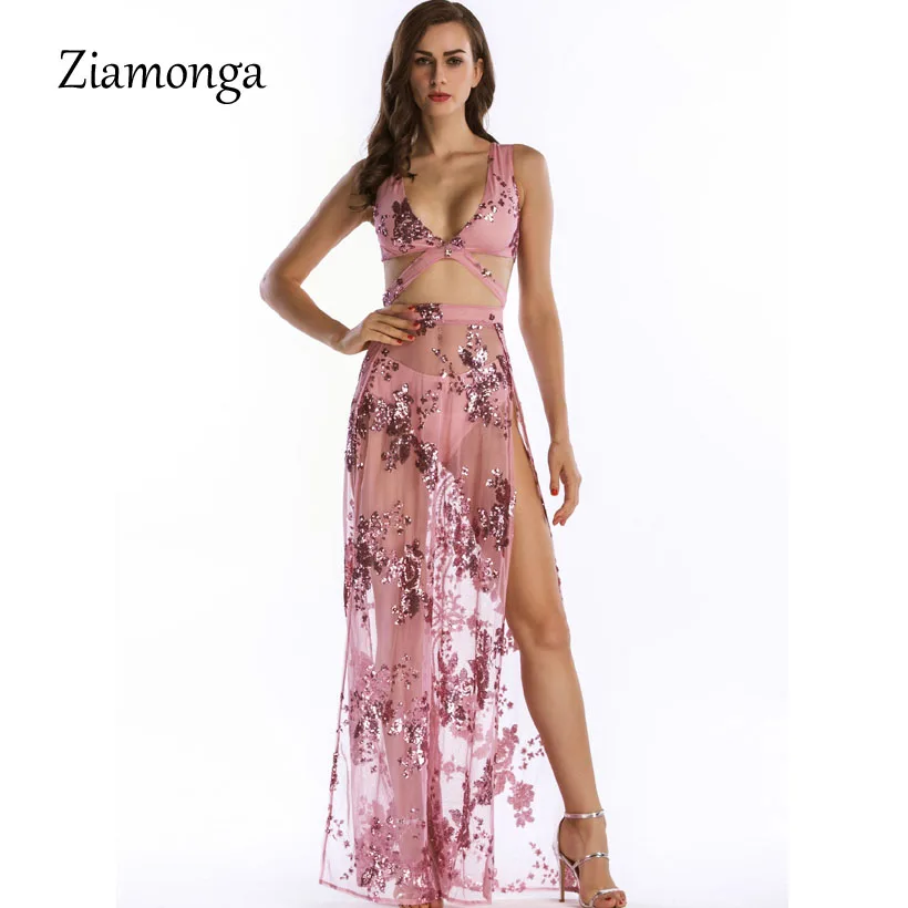 

Ziamonga Sexy Bandage Sequin Party Dresses Women Backless High Split Maxi Dress Women 2019 Summer Long Dress Vestidos Club Wear