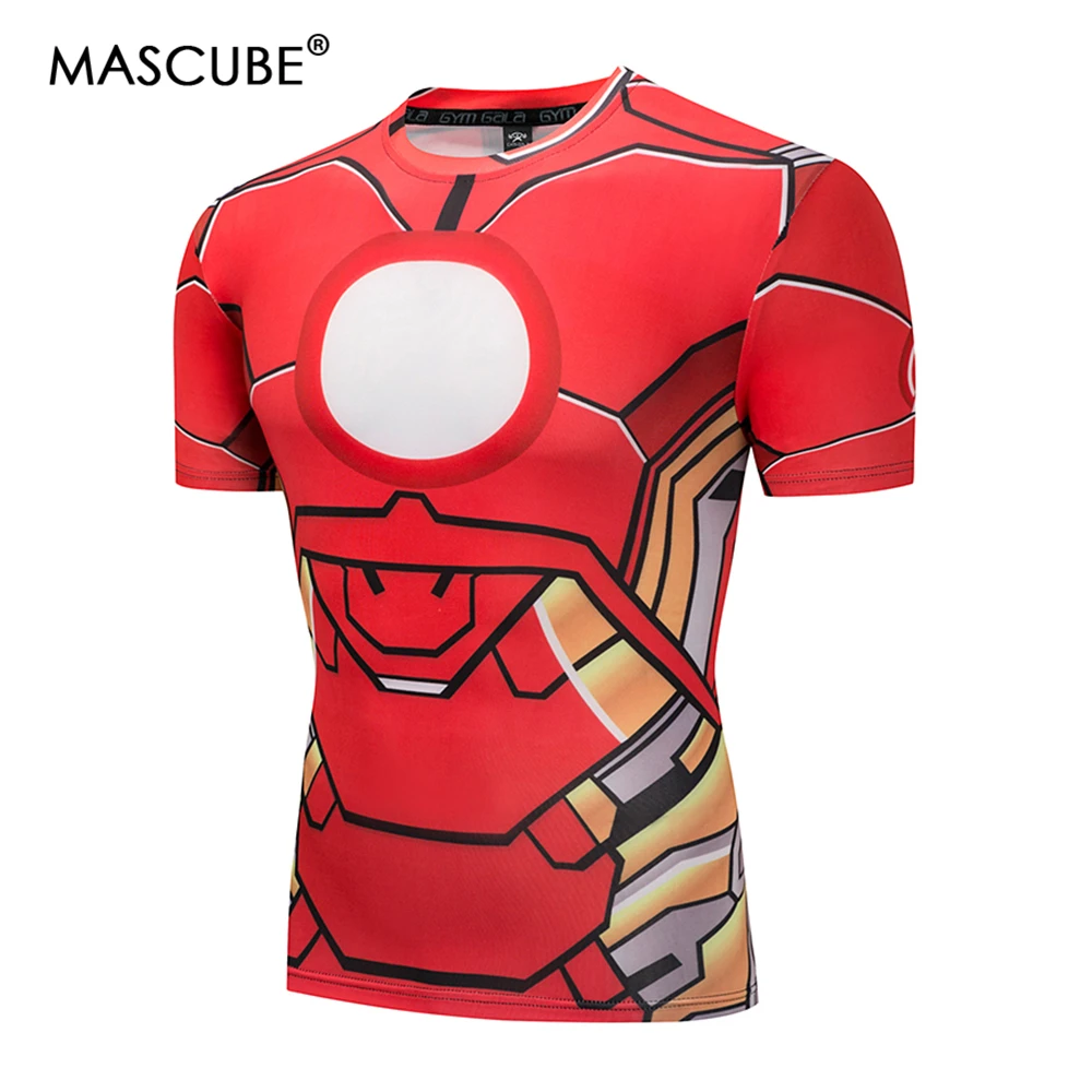 

MASCUBE 2018 Men Red Black Iron Man Flash Man Fitness Tight Quickdry Brand 3D Man Short Sleeve Compression T-shirt Plus Size 4XL