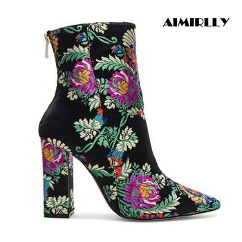 

Womens Shoes Ankle Boots Pointed Toe Blocked Heel Black Brocade Fabric Stand Out Bootie Back zip Ladies Autumn Winter Aimirlly
