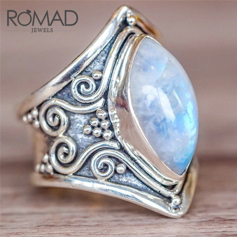 ROMAD Indian Rings Female Moonstone Finger Rings for Women Moon Ring Men Vintage Jewelry grosse bague argent R4