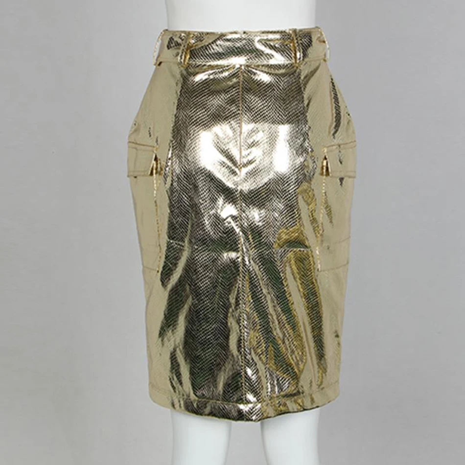 Новинка, Женская Золотая кожаная юбка длиной до колена с декоративным поясом,, Vestidos