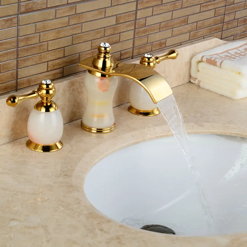 

3Pcs Jade&Brass Deck Mounted Bathroom Tap Basin Faucet Sink or Bathtub Faucet Double handles Faucet