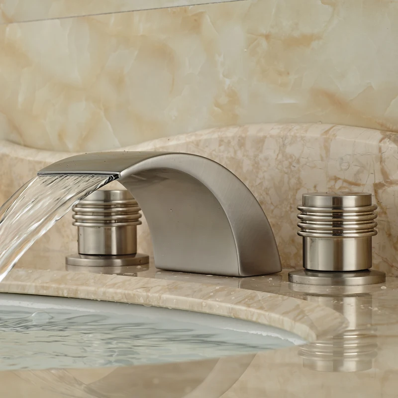 Brushed Nickel Widespread Dual Handle Bathroom Waterfall Basin Sink Faucet Deck Mount Hot Cold Water Tap