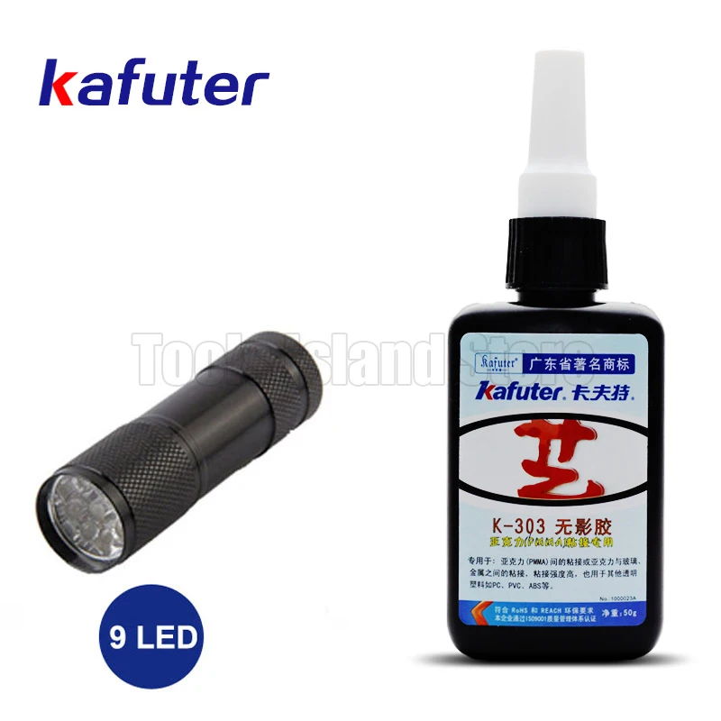 Kafuter 50ml K-303 UV glue acrylic transparent adhesive UV curing adhesive and Glass Adhesive with 9/51LED UV Flashlight