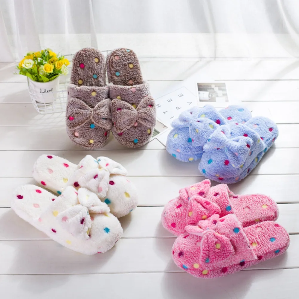 

Couples Winter Warm Coral Fleece Slippers Big Bowknot Colorful Polka Dot Printed Non-Slip Indoor Home Slip On Flat Floor Shoes