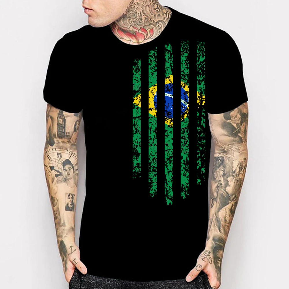 Camisetas con bandera de Brasil para hombre, negras de manga con estampado divertido, Tops de moda Rock|Camisetas| -