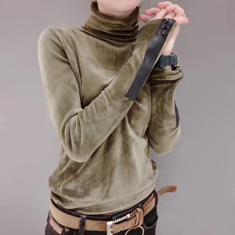 

plus size women shirts autumn winter warm gold velvet pullovers patchwork streetwear female turtleneck sweater green