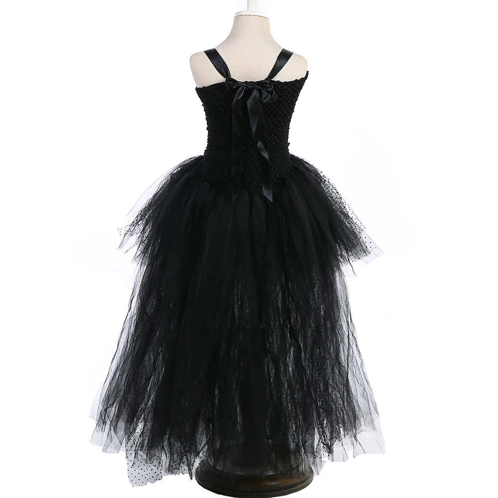 Платье-пачка черного ангела; длинное платье из тюля для девочек; детское праздничное вечернее платье с хвостом; костюм на Хэллоуин для девочек