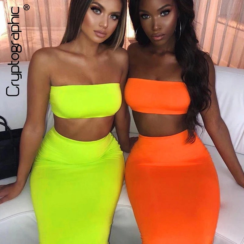 

Cryptographic Neon Fashion Two Piece Set Strapless Tube Tops and High Waist Long Skirt 2019 Matching Set for Women Outfit 2019