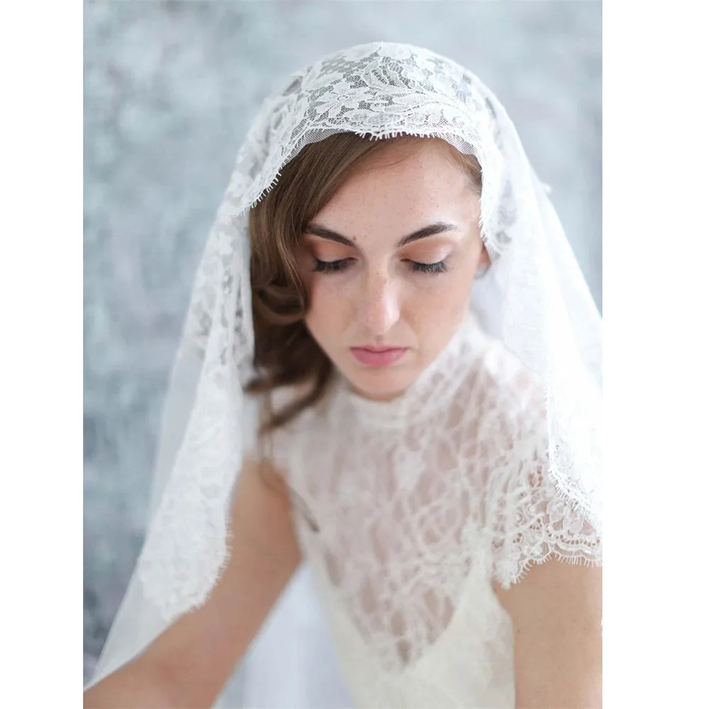 

Wedding Veils Bridal Veils Ivory White Tulle Lace Trimmed Edge Mantilla Veils with Headband velos de novia 2019 Voiles Mariage