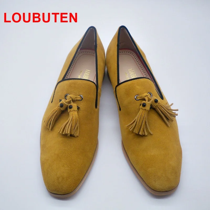 LOUBUTEN Yellow Suede Loafers Tassels Men's Moccasins Slippers Smoking Man Flats Casual Shoes Genuine Leather Handmade Shoes LOUBUTEN Yellow Suede Loafers Tassels Men's Moccasins Slippers Smoking Man Flats Casual Shoes Genuine Leather Handmade Shoes