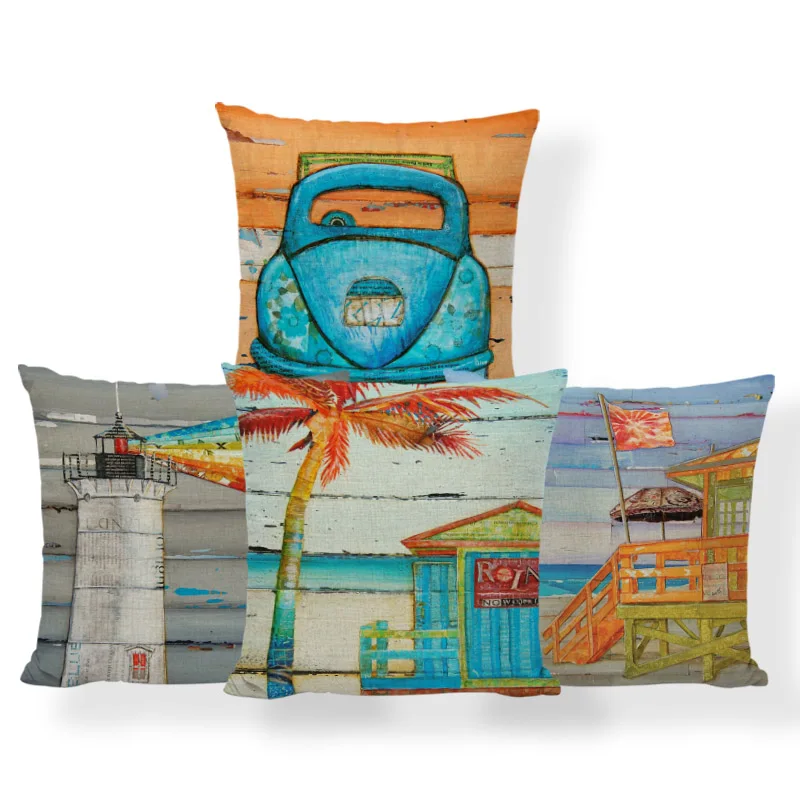 

Interesting Scenery Cartoon Pillowcase Color Wooden House Snow Mountain Tent Pillow Home Polyester Linen Decoration Sofa Cushion