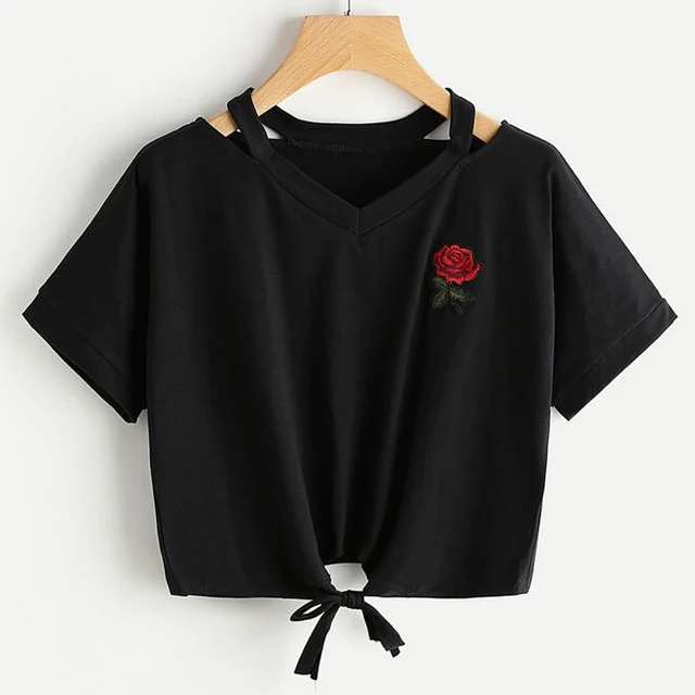 Summer Kawaii Cute T Shirt Embroidery Rose Print Aliens T Shirts Women Short Sleeve Tops Tees