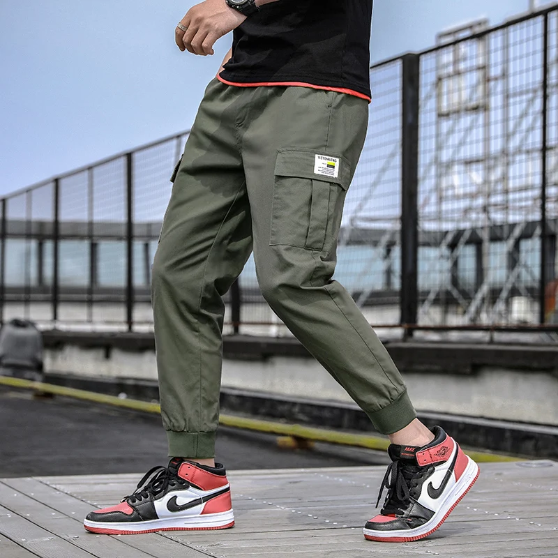 

New Arrival Men Ribbons Color Block Black Pocket Cargo Pants 2019 Harem Joggers Harajuku Sweatpant Hip Hop Trousers Brand C135