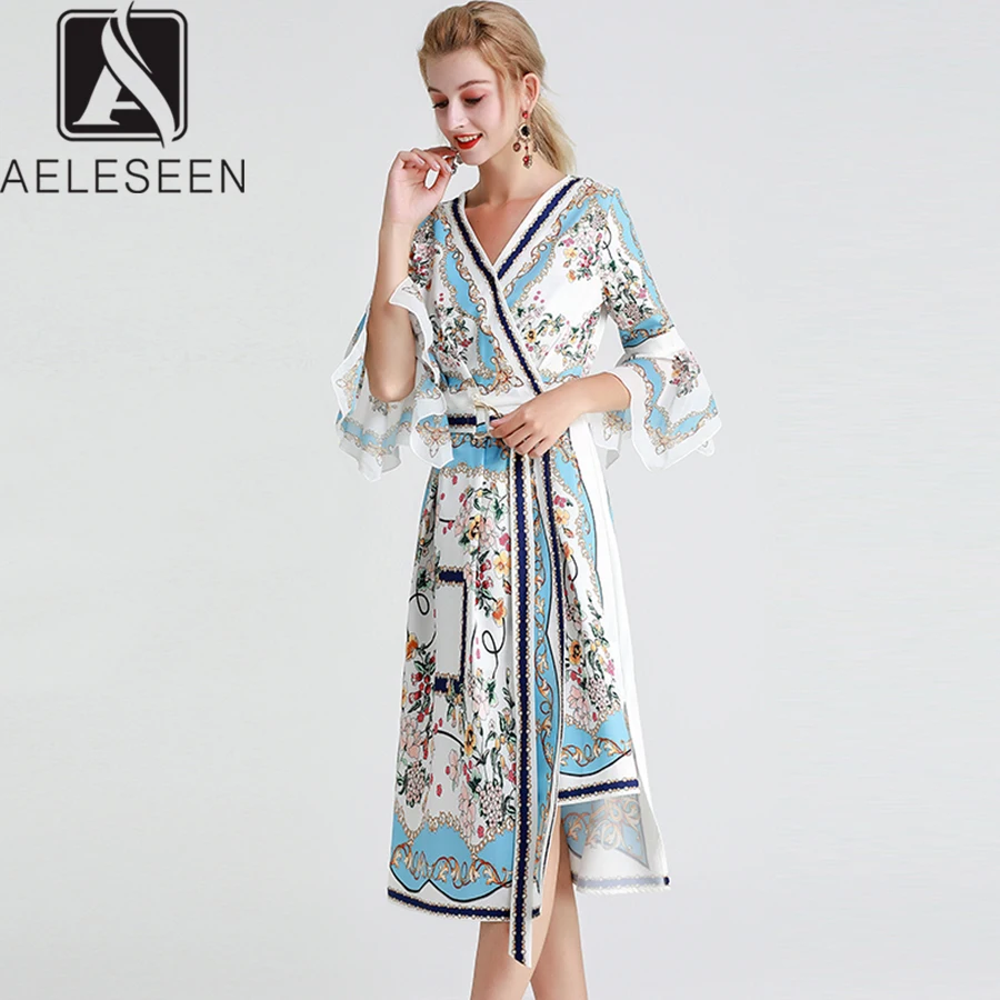 

AELESEEN 2019 Summer New Arrival Irregular Dresses Women Vintage Style Petal Sleeve Sashes Asymmetric Floral Print Midi Dress