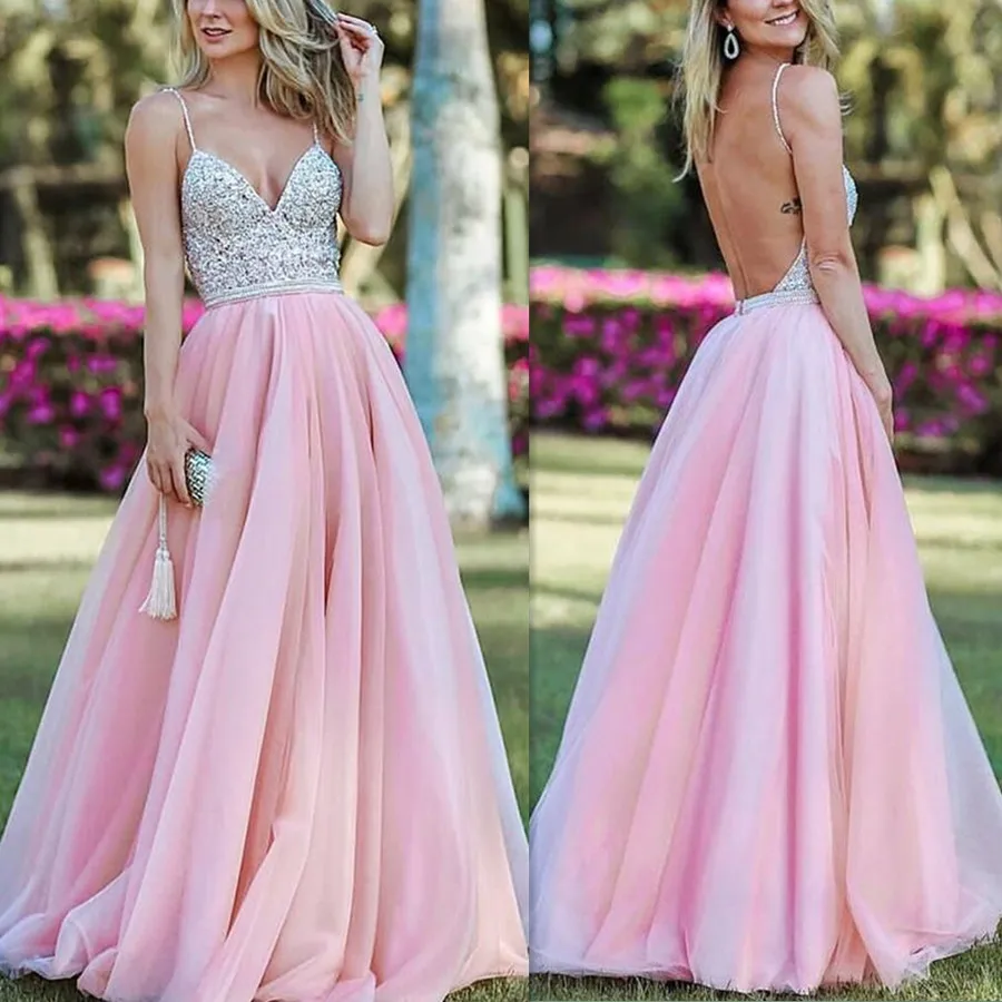 

Bright Heavy Manual Beads V-neck Neckline Party Dress with Spaghetti Strap Beads Belt Backless Prom Evening Dress