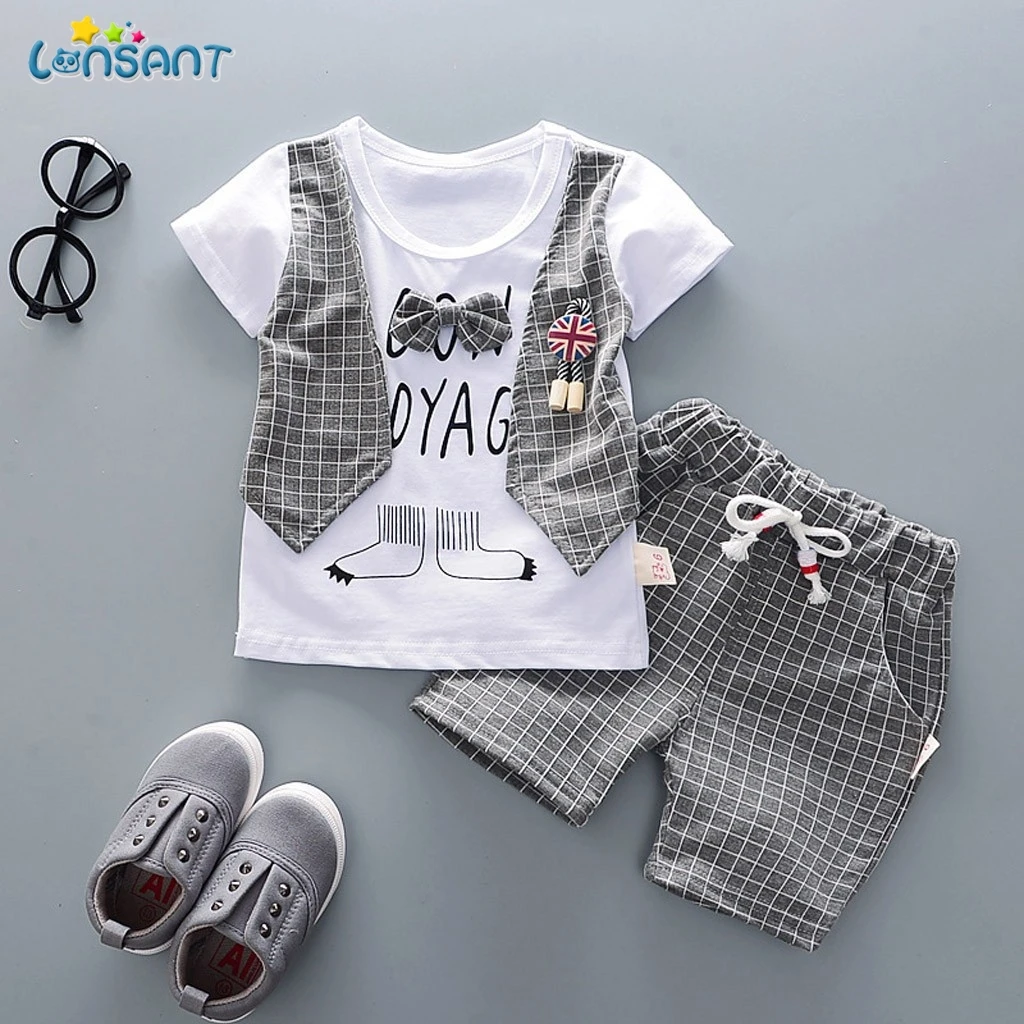 LONSANT/комплекты одежды для маленьких мальчиков летняя детская одежда джентльменская футболка с бантом топы жилет+ клетчатые шорты штаны Одежда повседневные Костюмы для мальчиков