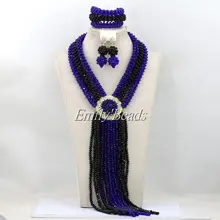 Новинка Королевского синего цвета в африканском стиле Длинные Кристалл Бусины комплект ювелирных изделий Черный Нигерии Свадебные Цепочки и ожерелья комплект aij507