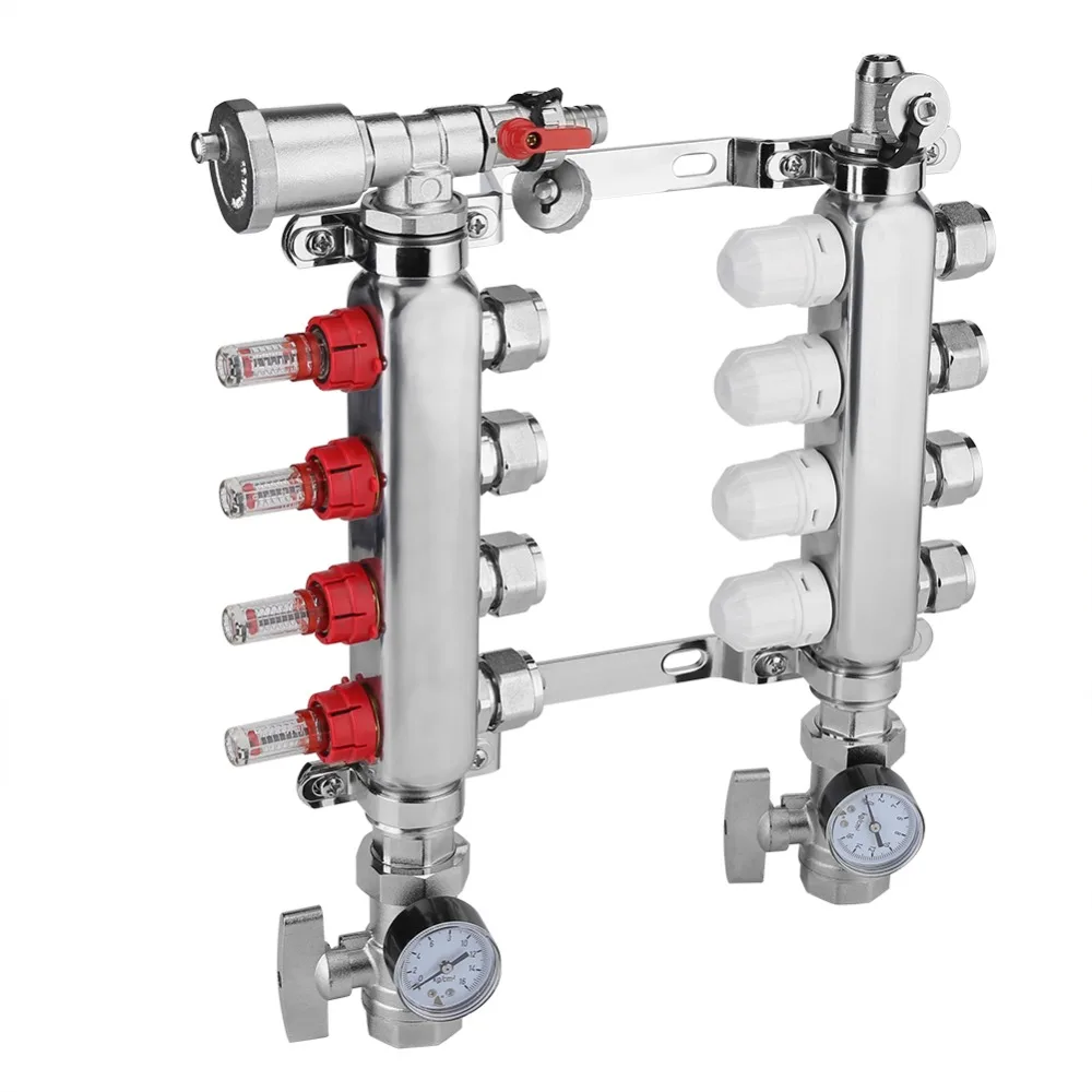 4-филиал Нержавеющая сталь напольного отопления набор коллектора регулируемый поток клапаны Система нагрева