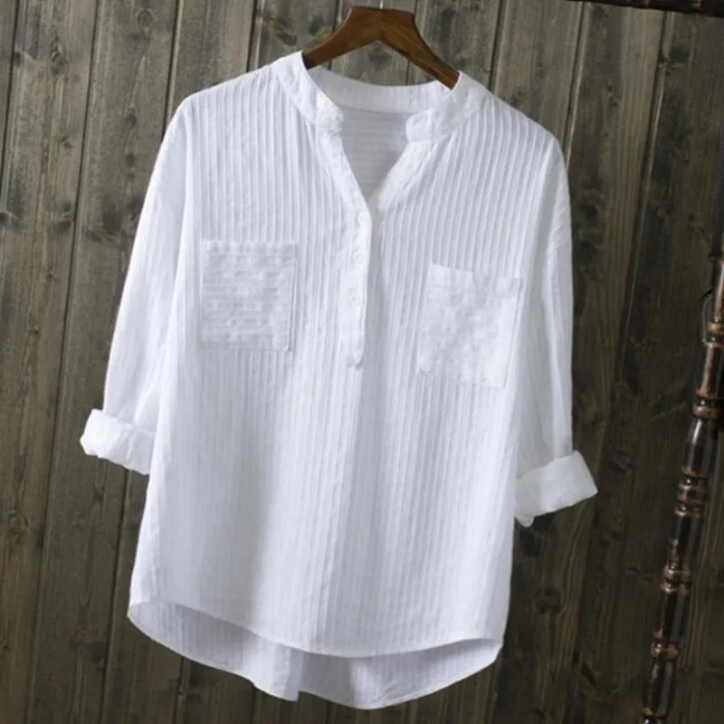 Весна Лето, женские белые рубашки, блузки с v-образным вырезом, рубашки с длинным рукавом, хлопковые Повседневные Рубашки, Топы для женщин LY321