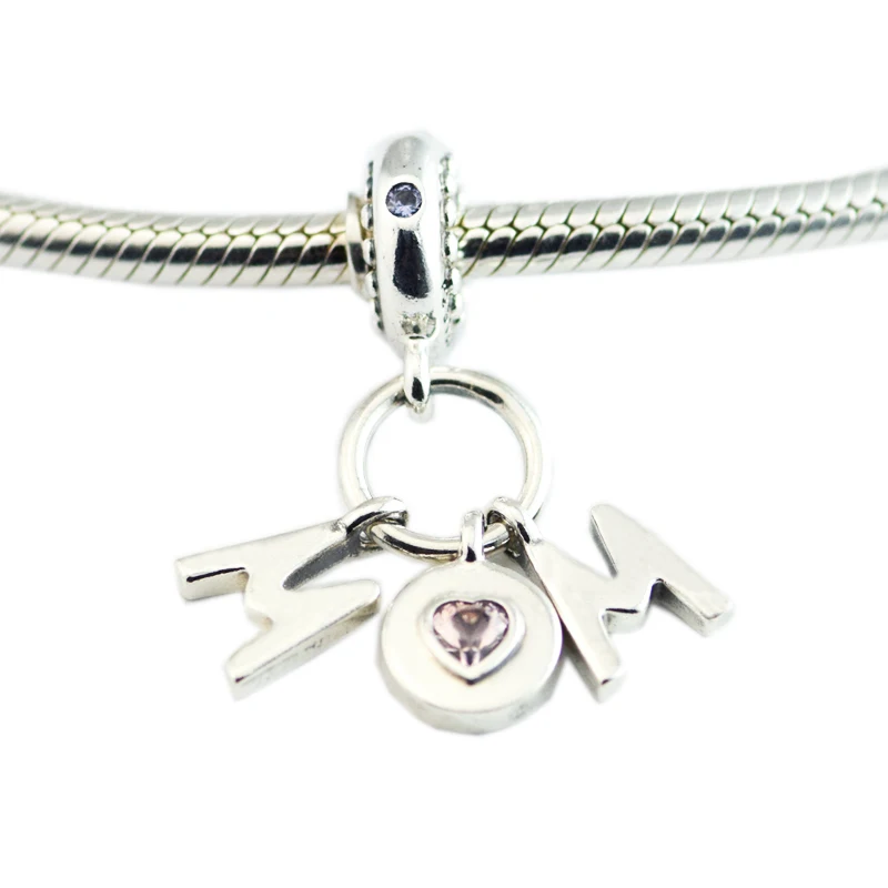 

925 Sterling Silver Perfect Mom Dangle Charm, Soft Pink & Lilac Crystal Beads Fits Bracelets For Jewelry Making