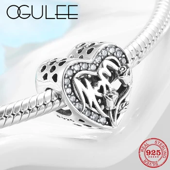 

Mother's Day gift 925 Sterling Silver Clear CZ Heart Lily flower Bead diy Jewelry Fit Original European Silver Bracelet Necklace