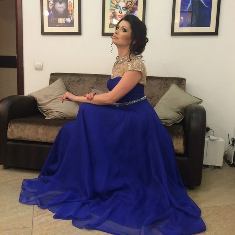 Aliexpress.com Comprar Modest Royal vestido de noche azul a la boda brillante rebordear cuello alto Hollow volver a largo vestido de noche plisado vestido
