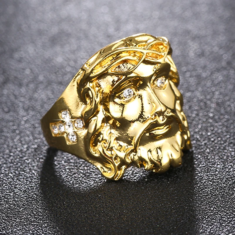 

Hip hop Classic Old man head Christian Jesus Cross Finger Ring For Men Male Fashion Gold Color Jewelry gift