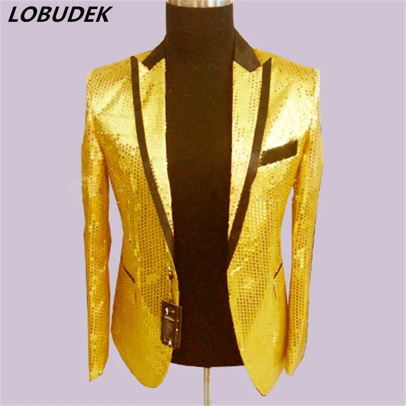 gold men blazer paillette jacket male slim formal dress costume clothes