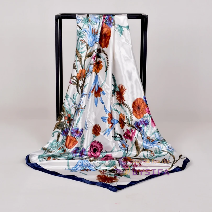 [BYSIFA] Белый Шелковый Атласный Шарф Шаль Зима Весна Осень Элегантный цветочный квадратный шарф Мусульманский женский шарф на шею
