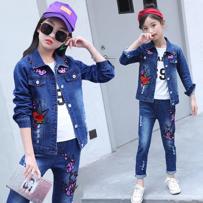 Зимняя одежда для девочек ковбойская куртка с вышивкой и штаны, футболка Качественная детская одежда из трех предметов для детей 4-11 лет г., лидер продаж