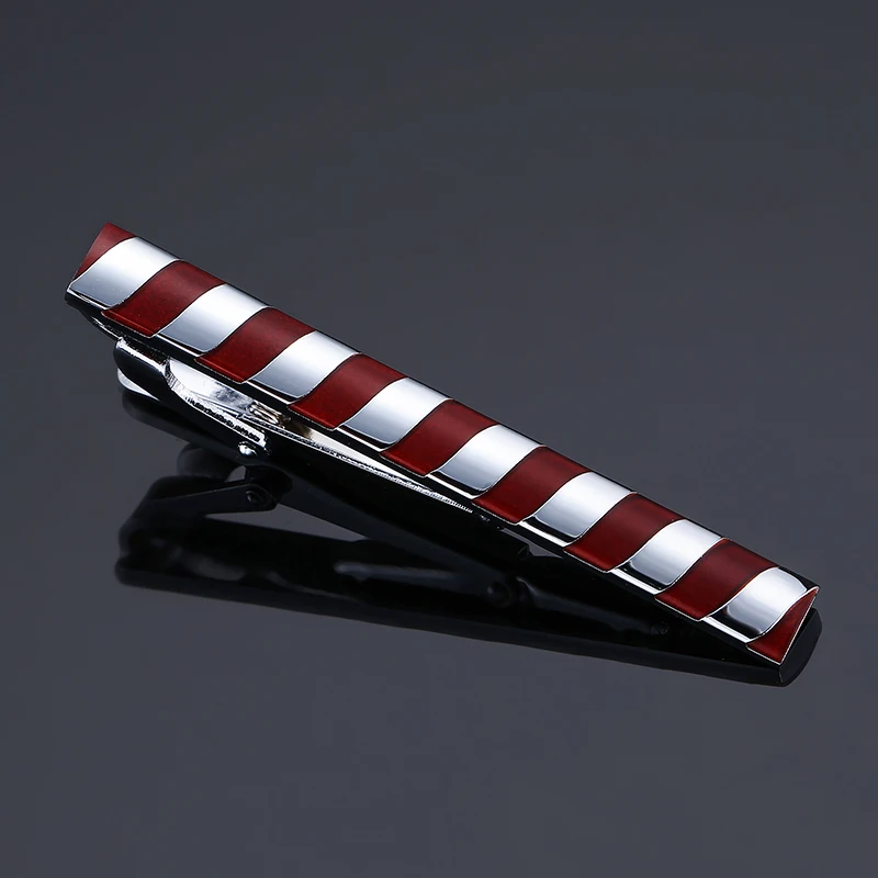 Fashion Man's Classic simple tie clip silver metal Red enamel stripes