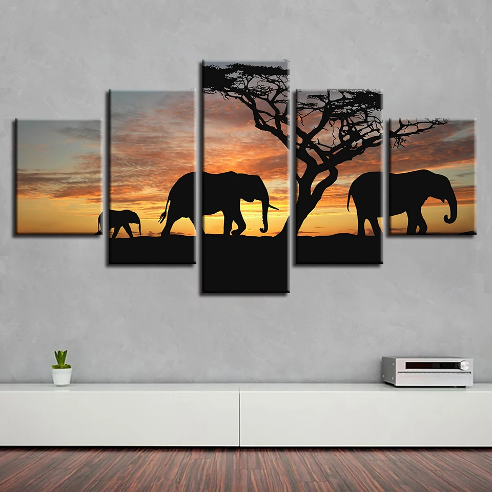 

Posters Painting On Canvas Home Decoration Modern 5 Panel Elephant Tree For Living Room Wall Art Pictures HD Printed Frame