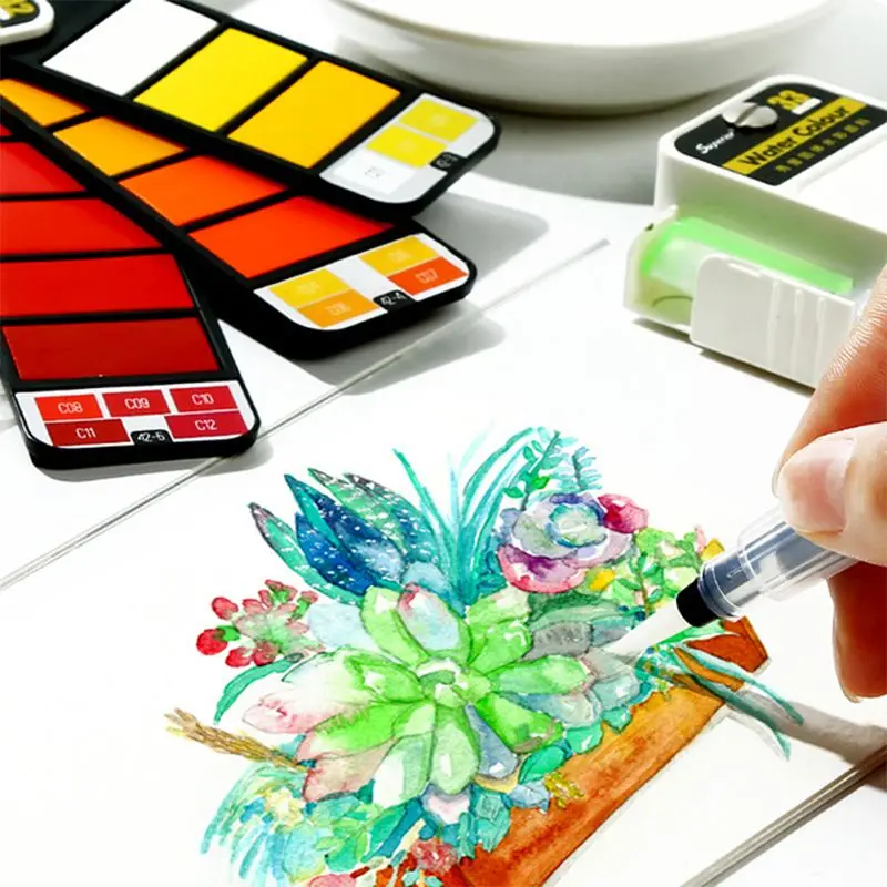 Пигмент краски набор твердых акварель с Waterbrush для рисования Картина акварелью складной костюм
