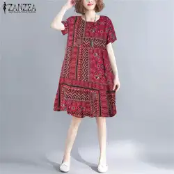 2019 ZANZEA Лето Винтаж цветочное печатное платье Для женщин Открытое платье без рукавов из хлопка и льна платье женский короткий рукав