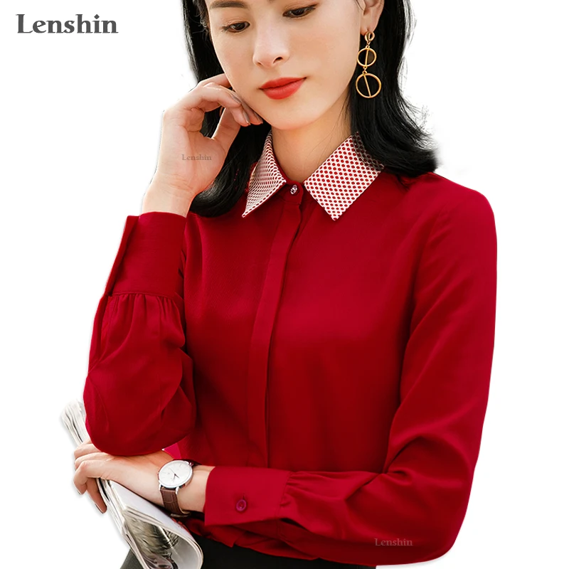 

Lenshin Contrast Collar Shirts for Women Candy Color Tiny lasticity Blouse Work Wear Office Lady Bow Female Tops Chemise