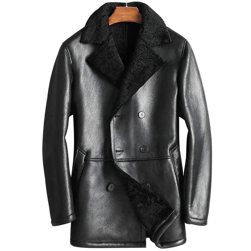 AYUNSUE для мужчин s Дубленки куртка осень зима пояса из натуральной кожи овчины пальто для будущих мам и куртки BC812 KJ1343 - Цвет: Black