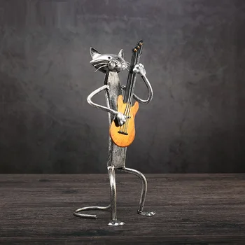 

Guitar Saxophone Singing Cat Band Statue Music Instrument Animals Figurine Creative Metal Art Sculpture Home Decoration R460