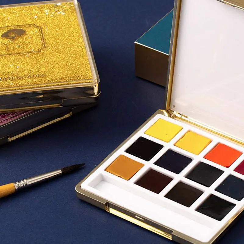 Rubens Mini Portable 12 colors Solid Watercolor Pigment Paint Shinning Box Set