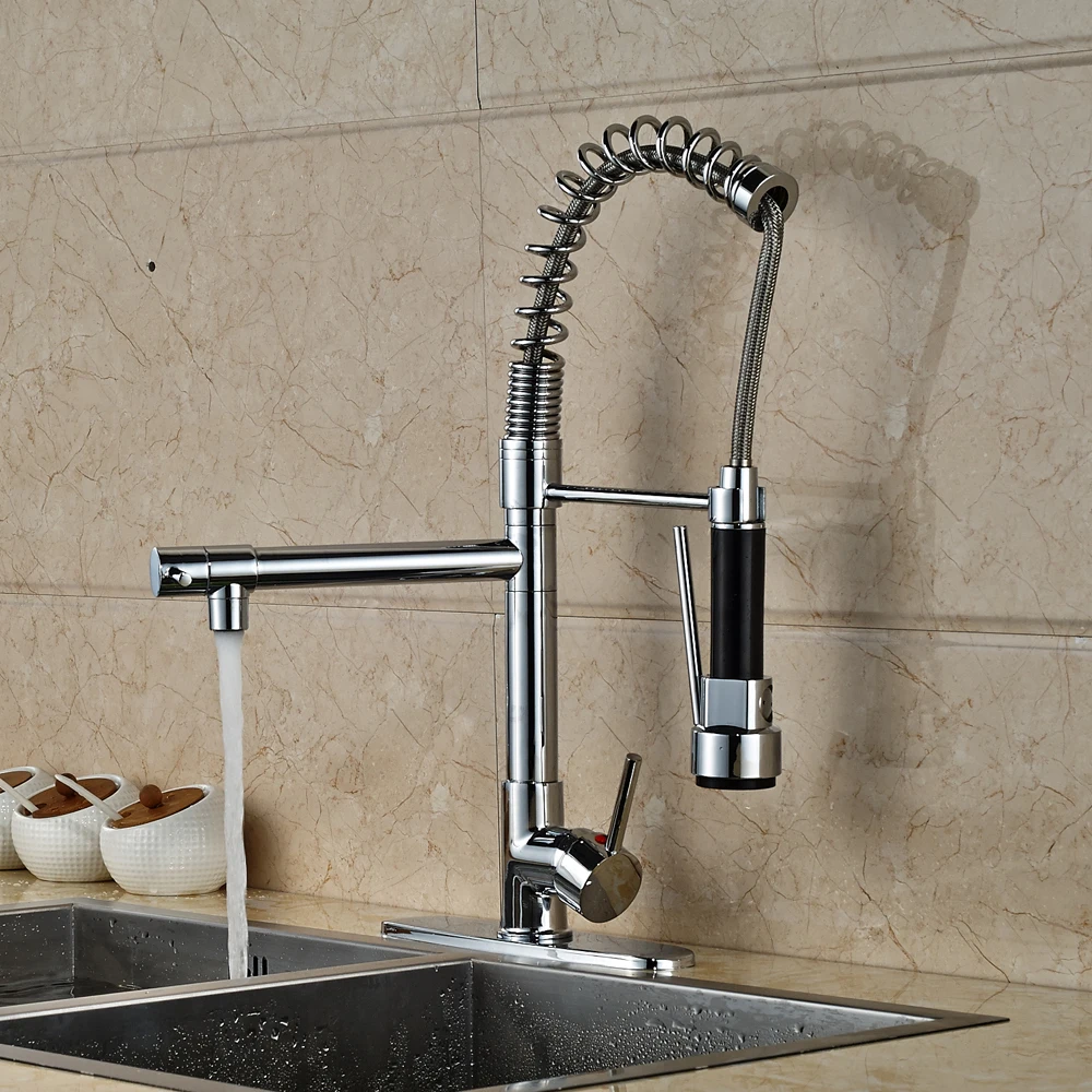 

Chrome Polished Deck Mounted Swivel Spout Kitchen Sink Faucet Pull Down Mixer Tap With Cover Plate